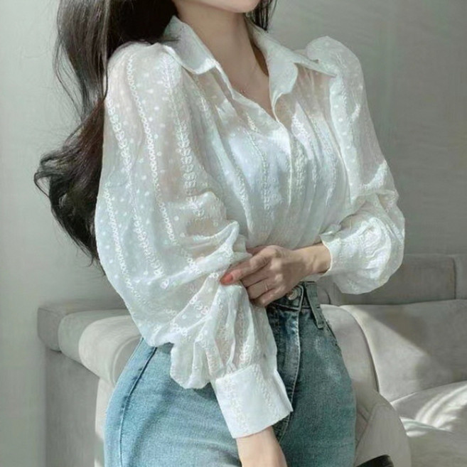 피어니스트 퍼프 시스루 카라 블라우스