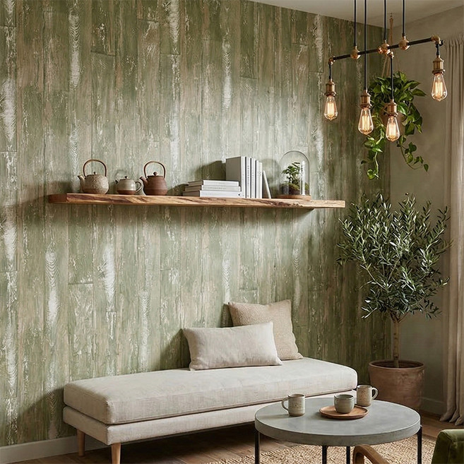 시트몰이 워시드 빈티지 패널 시트지, 올리브 빈티지 우드