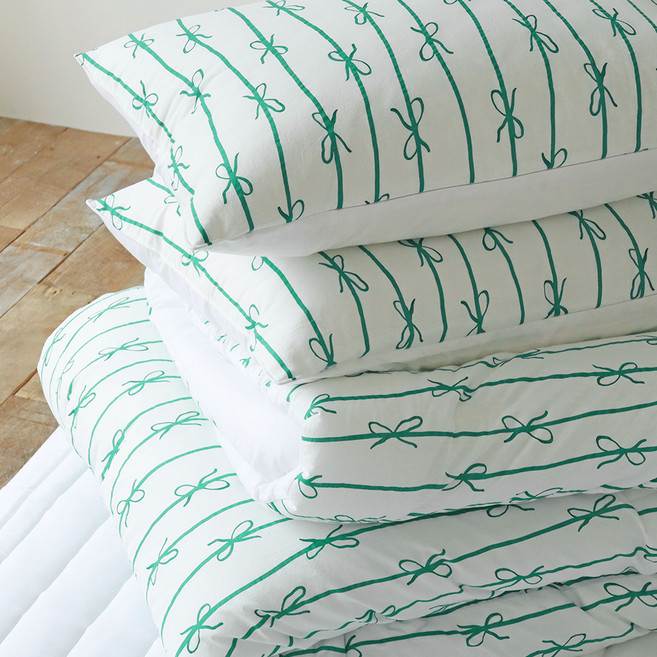 누블 리본 고밀도 워싱 순면 솜 차렵이불 + 패드 + 베개커버 세트