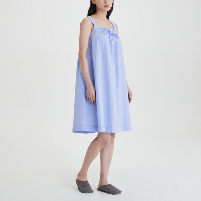 JAJU 女款人造絲棉質泡泡紗無袖連身睡裙