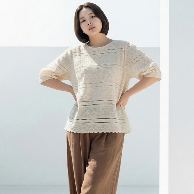 아뗄릭 빅사이즈 레디브 라운드넥 펀칭 반팔 블라우스 11684