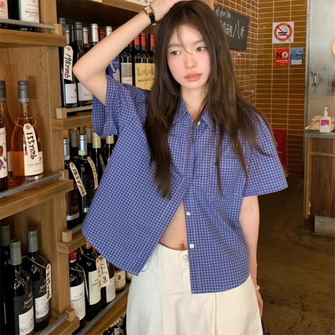 PEONIST 女款方格藍色格紋時尚寬鬆版短袖襯衫