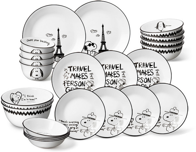 코렐 스누피 앤 찰리 에디션 4인 한식기 세트 23p, 화이트 + 블랙, 공기 4p + 대접 4p + 앞접시 4p + 원형소접시 4p + 원형중접시 3p + 원형대접시 2P+원기소 2P, 1세트