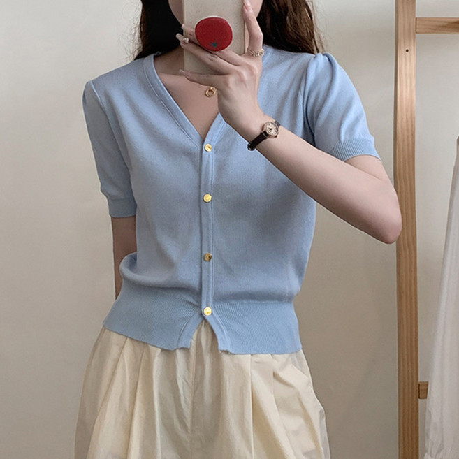 라라티나 여성용 브이린 아이스실크 니트 가디건 반팔