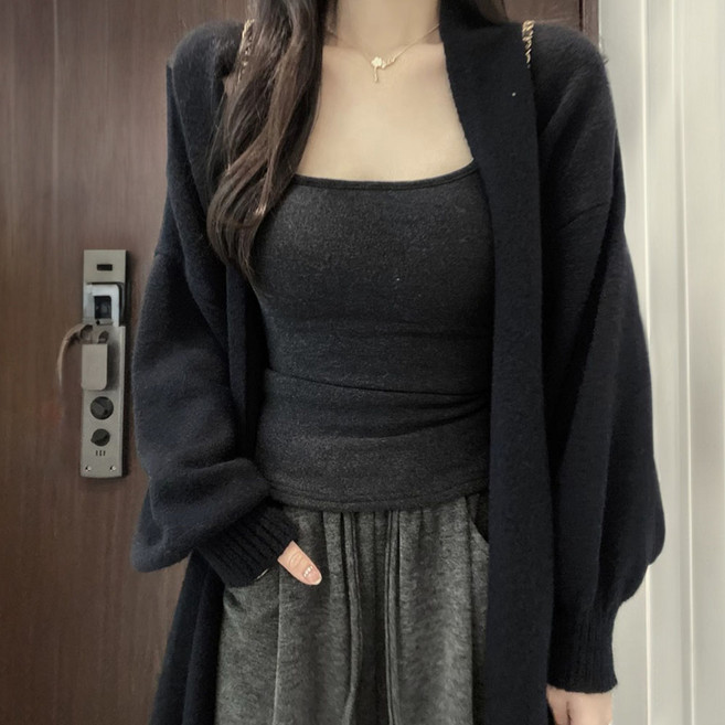 페이퍼먼츠 여성용 타비 루즈핏 벌룬소매 오픈 미디 가디건 11344