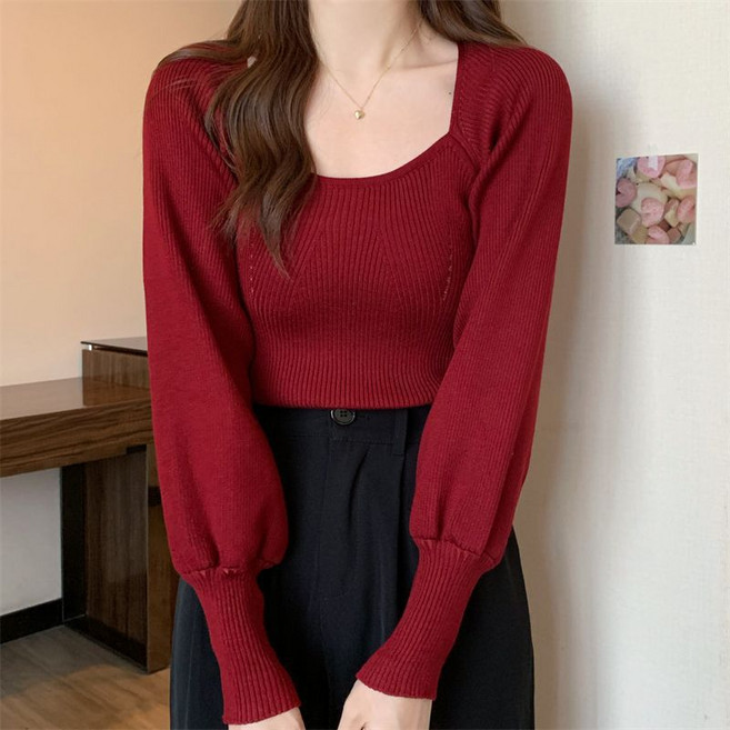 라라티나 여성용 도리언 슬림핏 스퀘어넥 벌룬소매 니트