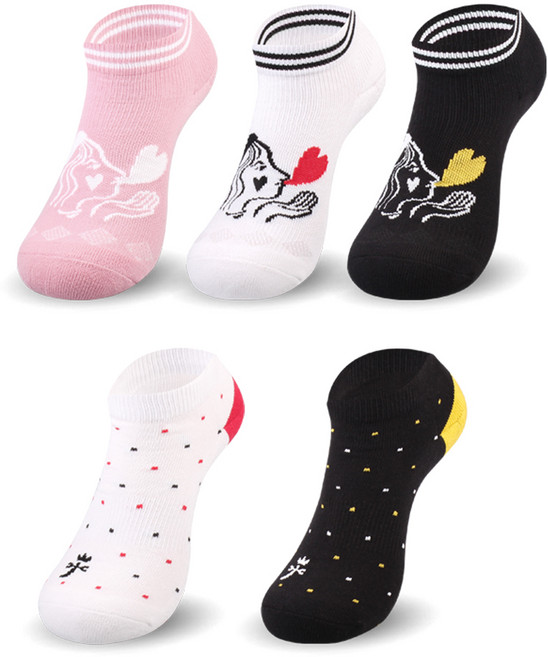 까스텔바작 여성 CS5SK1001 2 쿠션압박 스니커즈 양말 5족, 블랙 + 화이트 + 핑크 + 블랙2 + 화이트2, 5개