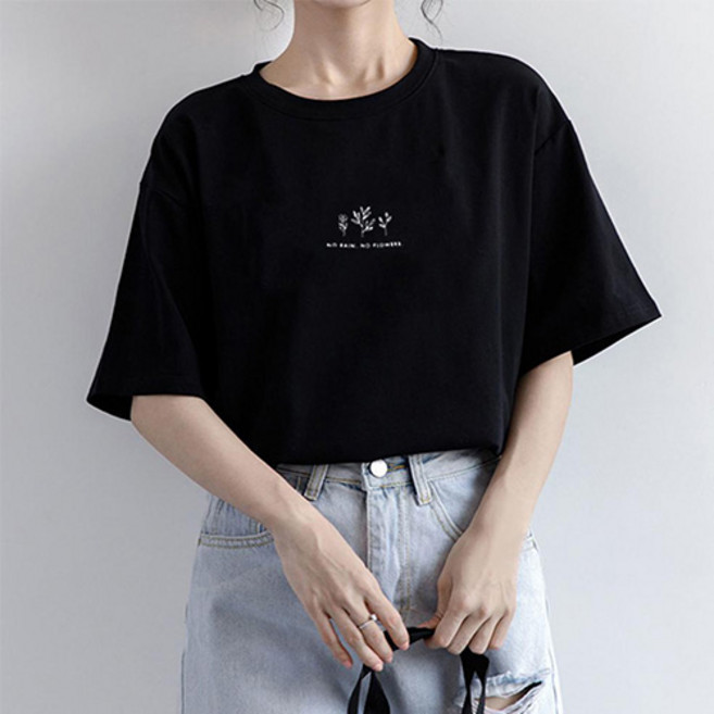여성용 패션플로우 소프트 드로잉 자수 반팔 티셔츠
