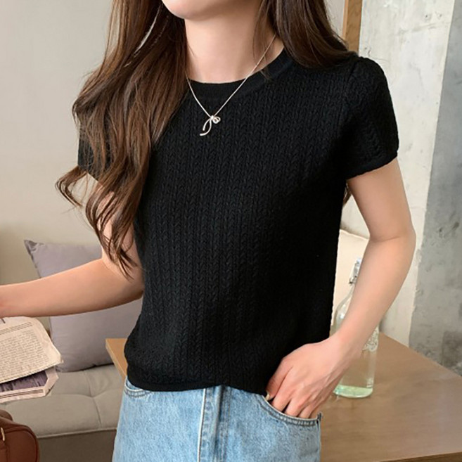 페이릿 여성 튼튼 짜임 잔 꽤배기 크롭 니트 반팔 티셔츠