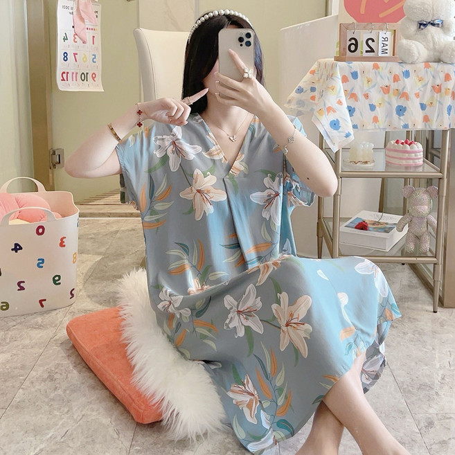 Elsso 女款絲質短袖連身裙居家服