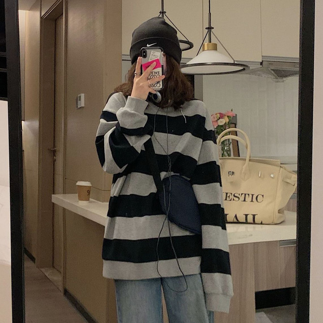 디멜디 여성용 오버핏 스트라이프 캐주얼 긴팔 티셔츠