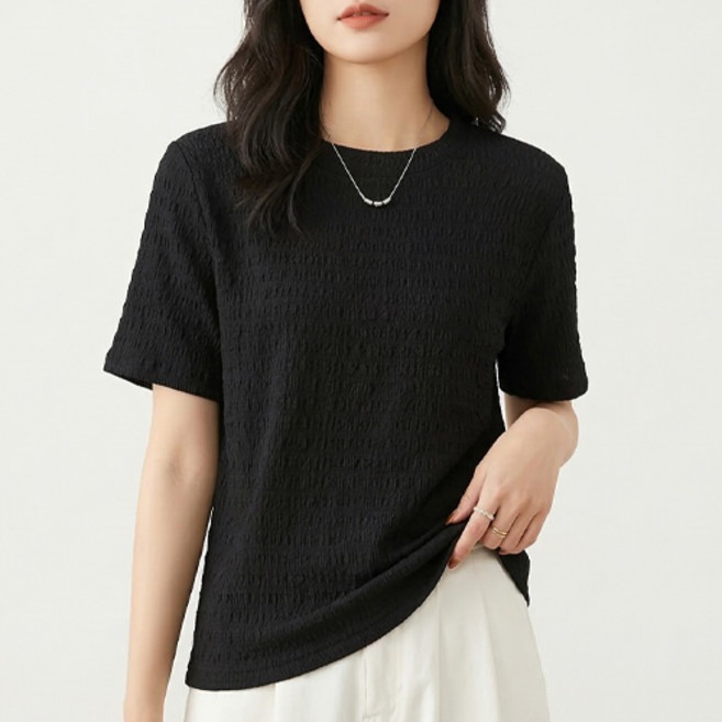 아이캔심플 여성용 링클 텍스처 라운드넥 심플 반팔 티셔츠