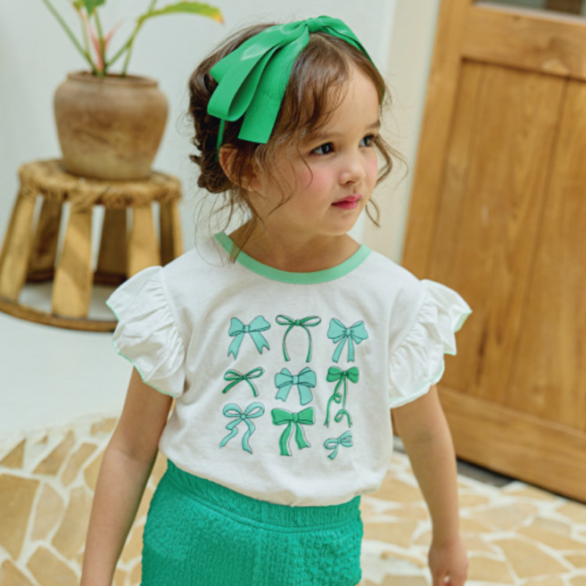 키키모라 여아용 통기성 프린트 리본 티셔츠