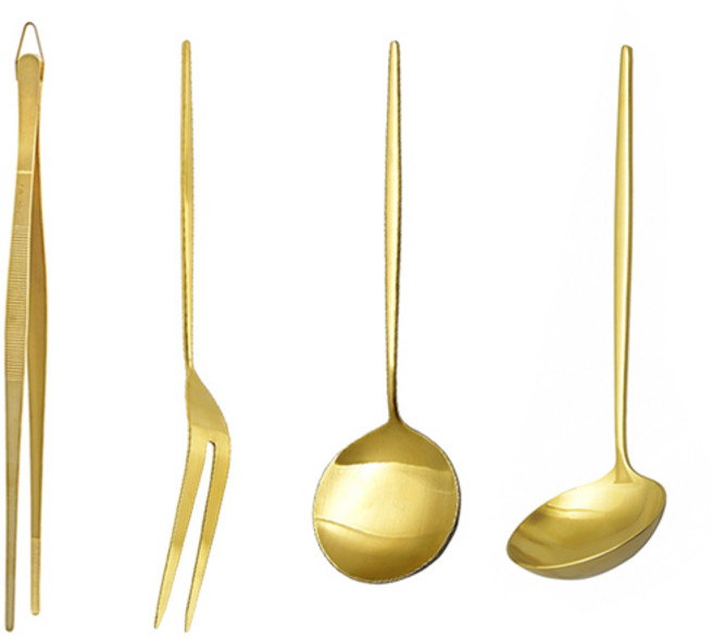 테이블아트 아벨라 조리도구 4종 세트, 요리핀셋 + 요리포크 + 요리스푼 + 미니국자, 무광골드, 1개