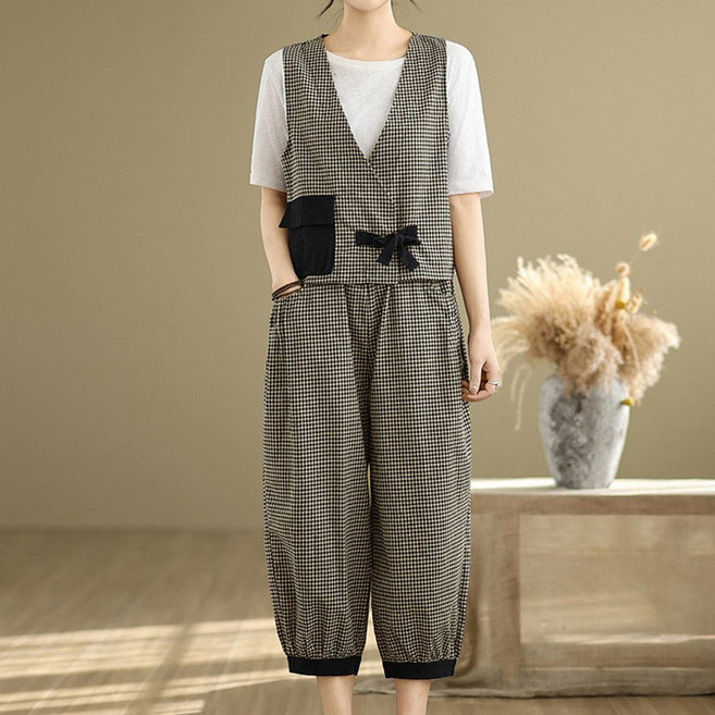 퀸이즈 여성용 빈티지 체크 조끼 + 팬츠 세트