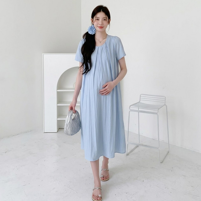 알럽홈 여성용 데일리 루즈핏 핀턱 반팔 임산부 원피스 L263-0303