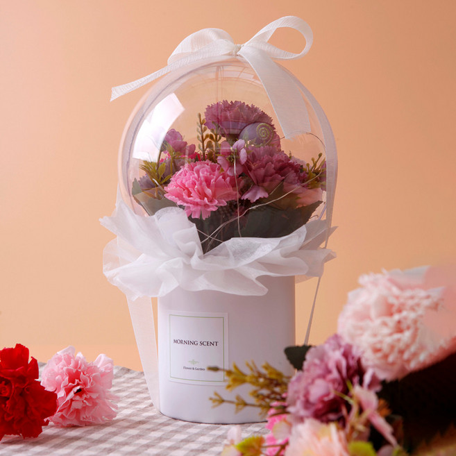 morningscent 비누꽃 LED 조명 카네이션 장미 벌룬 꽃다발 소형 + 쇼핑백, 딥핑크, 1개