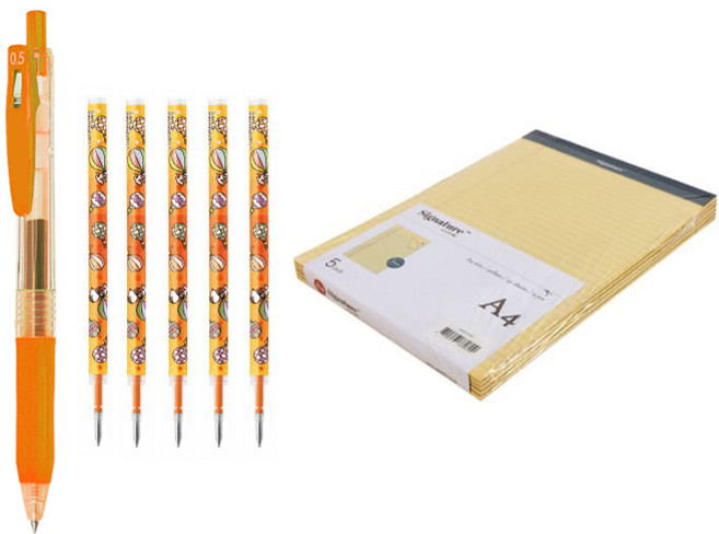 절취 리갈패드 A4 5p + 스누피 젤잉크펜 + 전용 리필 5p 문구세트, 옐로우(패드), 오렌지(펜, 리필), 1세트