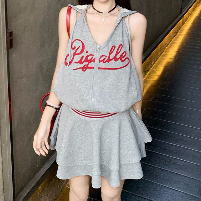 메이첼 레이얼 후드 나시 + 플레어 스커트 캐주얼세트 10438