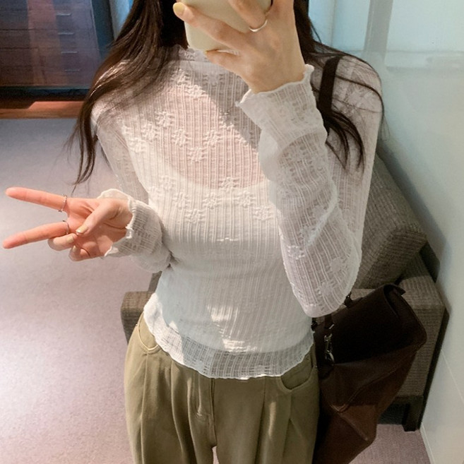 아이엠몽 여성용 미요티 시스루 레이스 반목 레이어드 긴팔 티셔츠