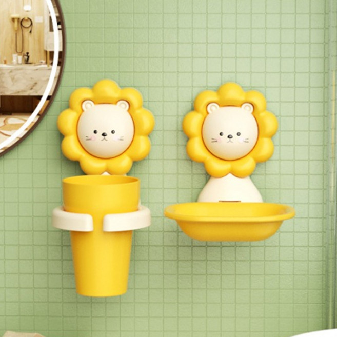 더플로우커머스 홈플로우 귀여운 스마일 라이언 욕실 용품 B 양치컵 + 비누받침 세트, 옐로우, 1세트