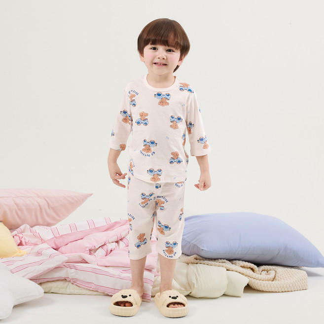 olomimi 兒童透氣Puppy Car有機提花七分袖家居服套裝