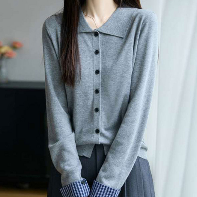 더시럽 여성용 에이미 소매 체크 포인트 카라 니트 가디건