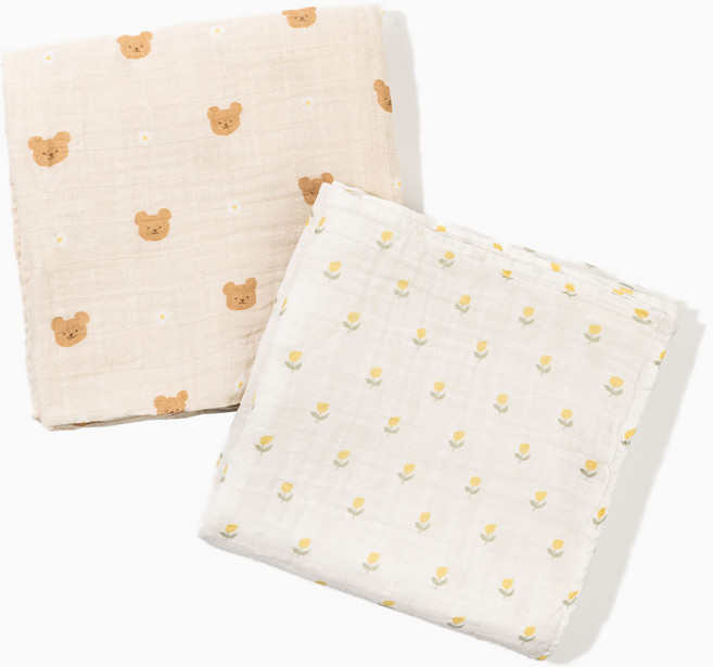 꿈비 미미루 유아용 머슬린 애착 블랭킷 2종 세트, 카멜베어, 레몬튤립