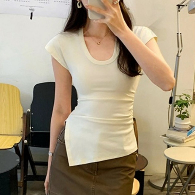 아이엠몽 여성용 슬림핏 유넥 사이드 트임 반팔 티셔츠 R6H038