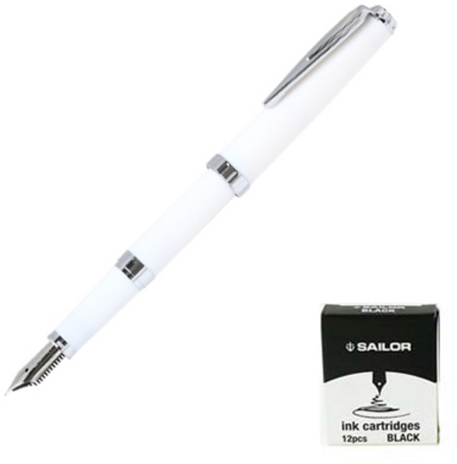 세일러 만년필 레그러스 화이트 은장 + 잉크카트리지 12p 실속세트, F, 화이트(만년필), 검정(잉크)