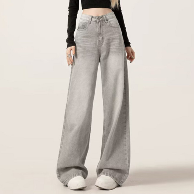 德普羅商務 女款復古水洗高腰寬版牛仔褲