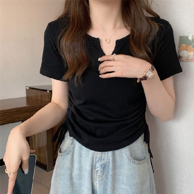 선빛 여성용 아델린 셔링 브이넥 반팔 무지 티셔츠