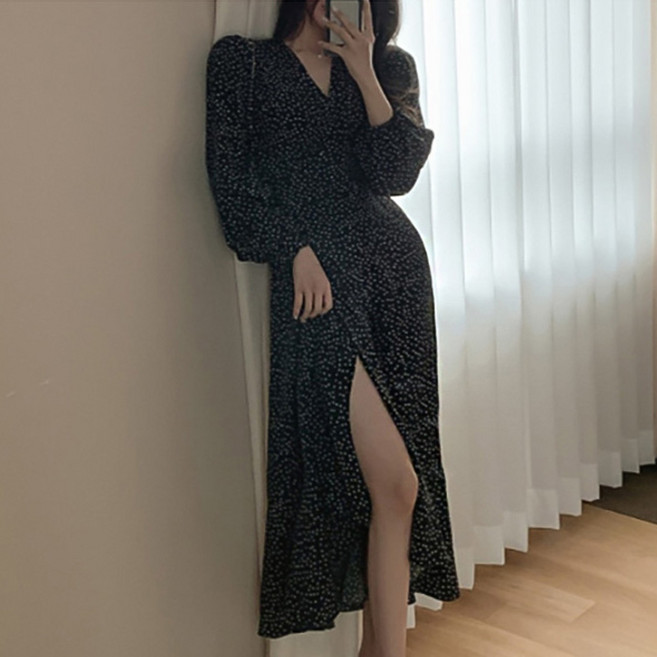 페이릿 여성용 도트 랩스타일 브이넥 롱 원피스