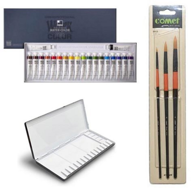 신한화구 전문가용 수채화물감 + 수채팔레트 20칸 + 수채화붓 3종 세트, 20색