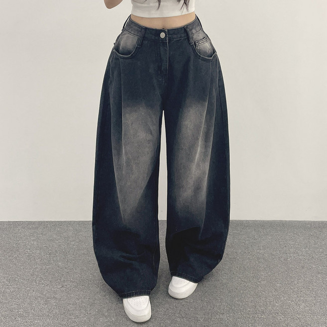 위드후이린 여성용 포포 앞 핀턱 빈티지 워싱 와이드 데님 청 바지 기본