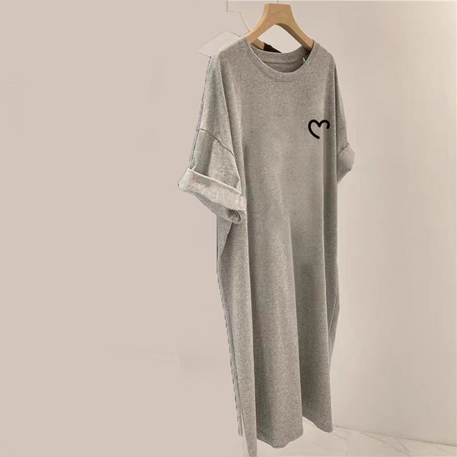 Goodif 女士愛心印花圓領短袖寬鬆連身裙, 灰色
