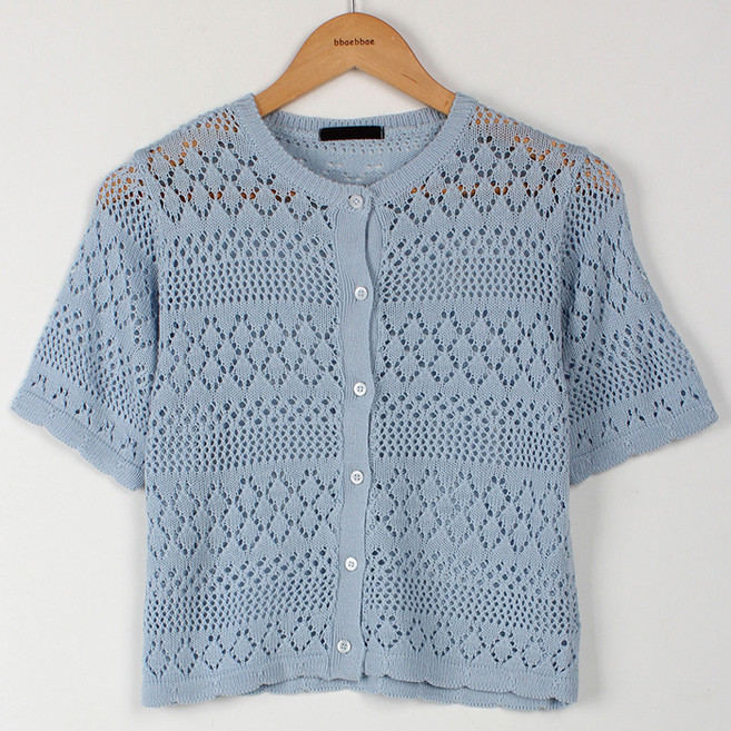 빼빼 여성용 라운드넥 펀칭 크롭 반팔 니트 가디건