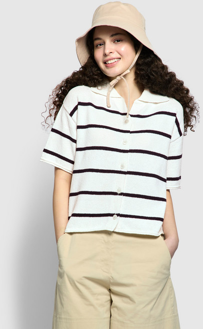 JAJU 여성용 부클 스트라이프 카라 가디건