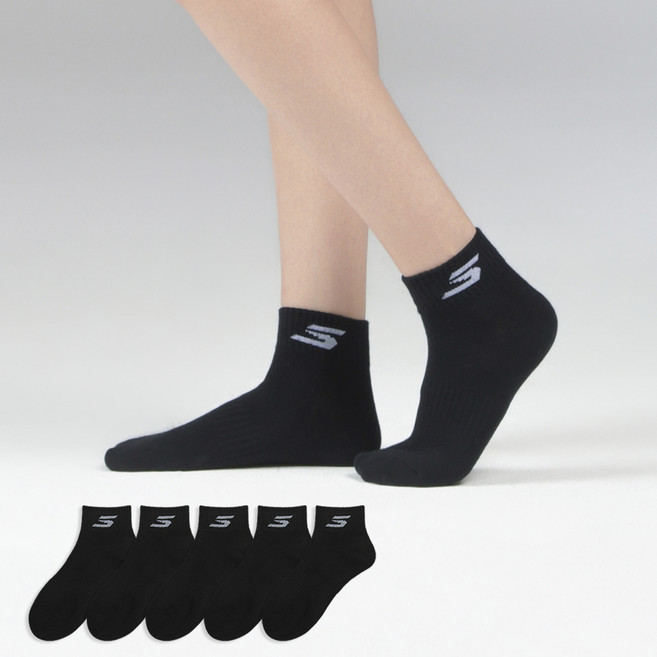 SKECHERS 女款 S 白色logo 短襪, 黑色, 5個