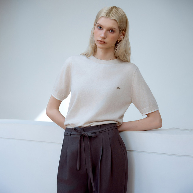 클라비스 여성용 촉감 소매배색 반팔 풀오버 니트