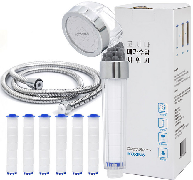 KOXINA 超強水壓三重淨水蓮蓬頭 + 濾芯 6入 + 蓮蓬頭軟管 2公尺, 1組, 透明色