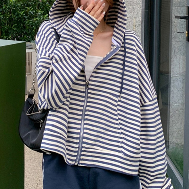 I'M MONG 女款Lank休閒寬鬆條紋短版連帽拉鍊外套