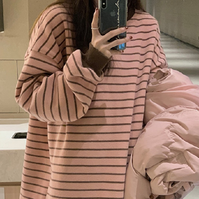 더플로우커머스 여성용 스트라이프 라운드넥 긴팔 티셔츠