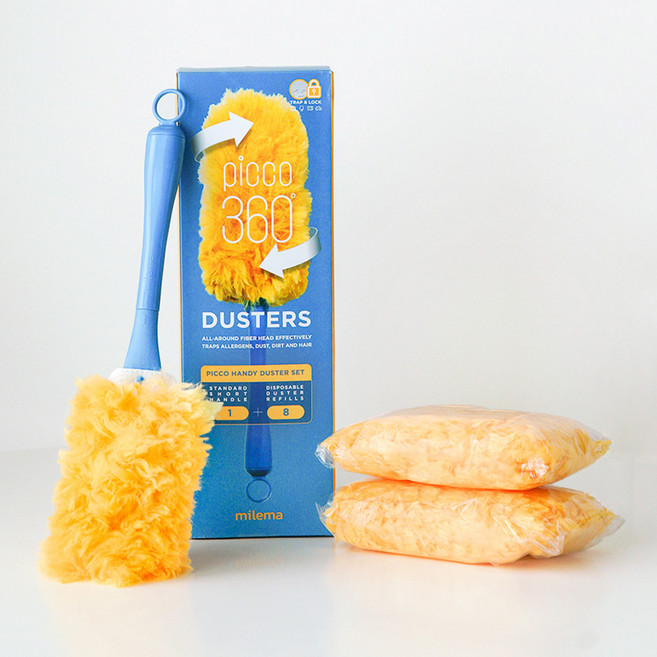 Milema Pico 360 雙面吸附除塵撣 短柄 + 8入補充包組, 黃色, 1套