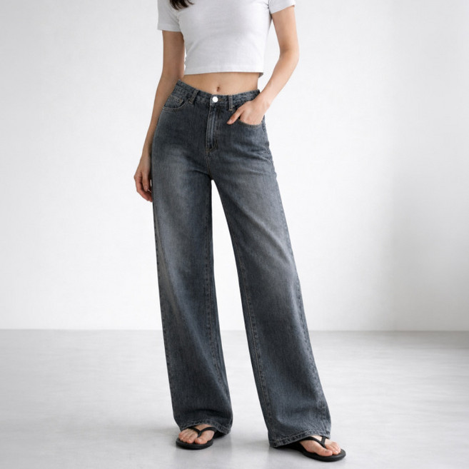 라라온 여성용 3단기장 하이웨스트 와이드 워싱 데님 팬츠 26TSP3885