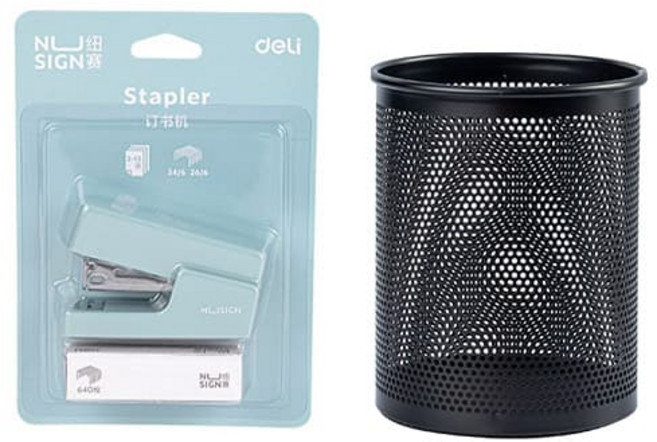 델리 누사인 베이직 미니 스테이플러 33호침 심세트 NS083 + 철제 메쉬 원형 다용도정리대 E909, 블루, 1세트