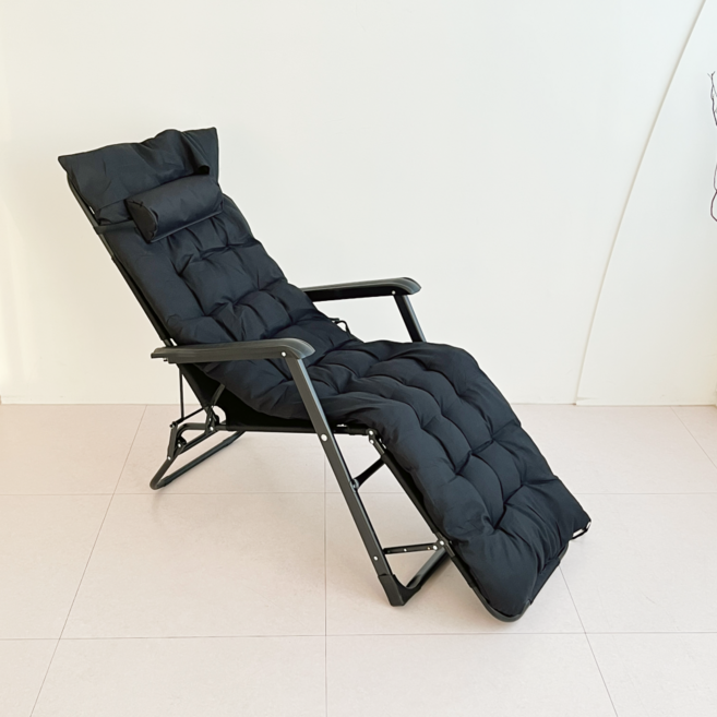 오브민 접이식 리클라이너 무중력 캠핑 침대의자 + 패드 + 헤드쿠션 세트, 블랙