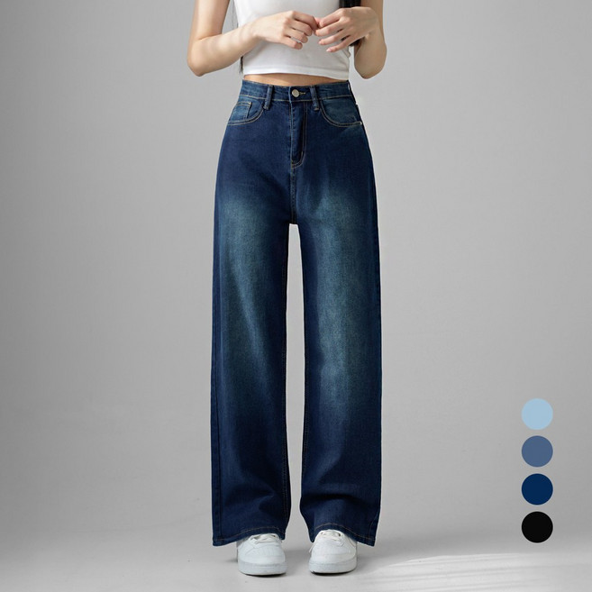 코튼클로젯 여성용 하이웨스트 워싱 와이드 스판 청바지