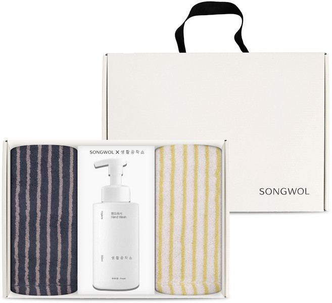 송월타올 생활공작소 스트라이프 솔리드 호텔수건 220g x 2p 30수 코마사 + 핸드워시 500ml 선물세트, 그레이, 베이지, 1세트