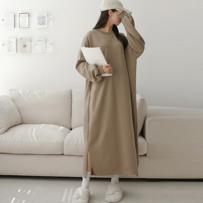 티탁 여성용 빅사이즈 데일리 오버핏 기모 무지 롱 맨투맨 원피스 TTCG106